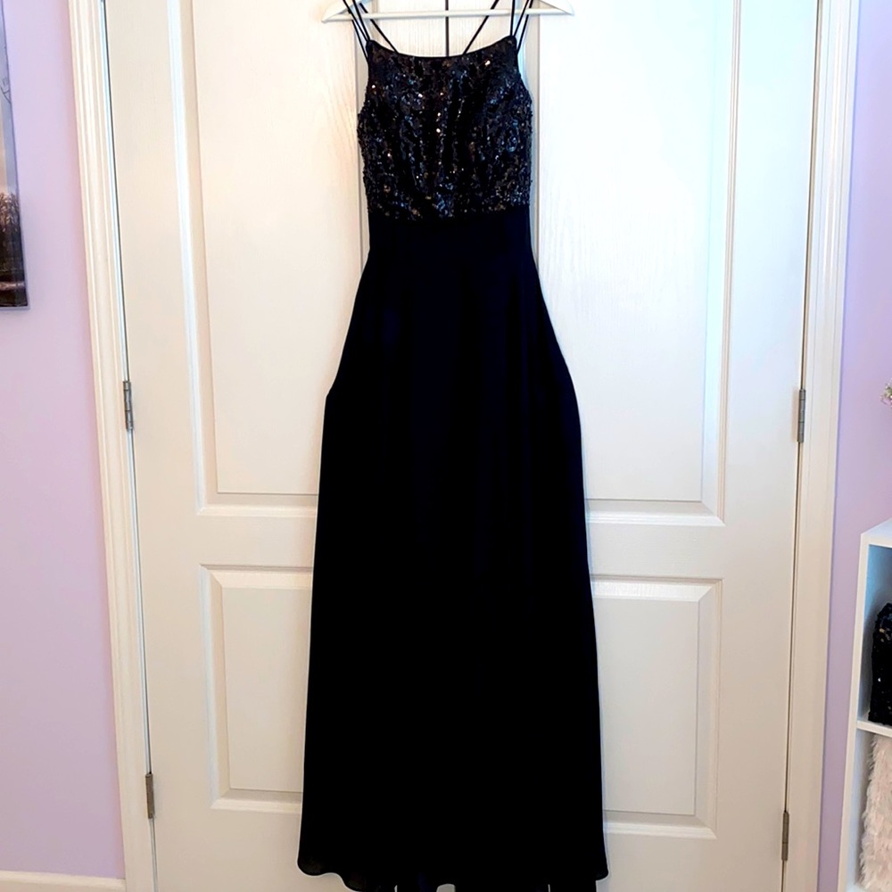 Black sequin prom dress criss cross back